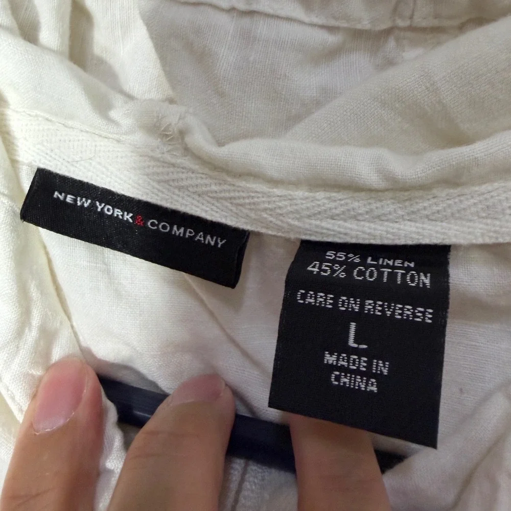 New York & Company Womens White Linen Blend Zip Up Hoodie Top Size L